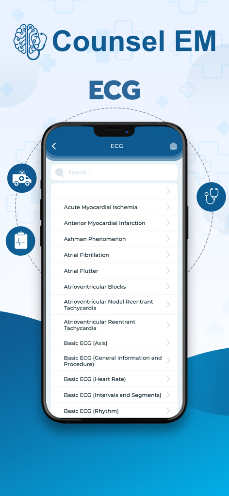 Counsel EM - Pantalla de la aplicación médica Counsel EM que muestra una lista completa de temas de diagnóstico e interpretación de ECG para médicos de urgencias