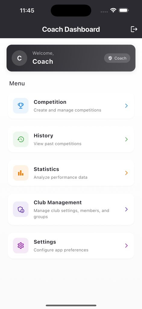 Clawer - Coach dashboard interface of the Clawer fencing app showing management options