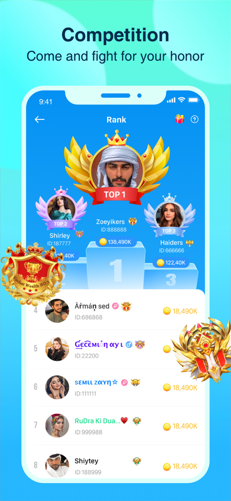 Falla-Make new friends - Falla app ranking screen showing the leaderboard and top users.
