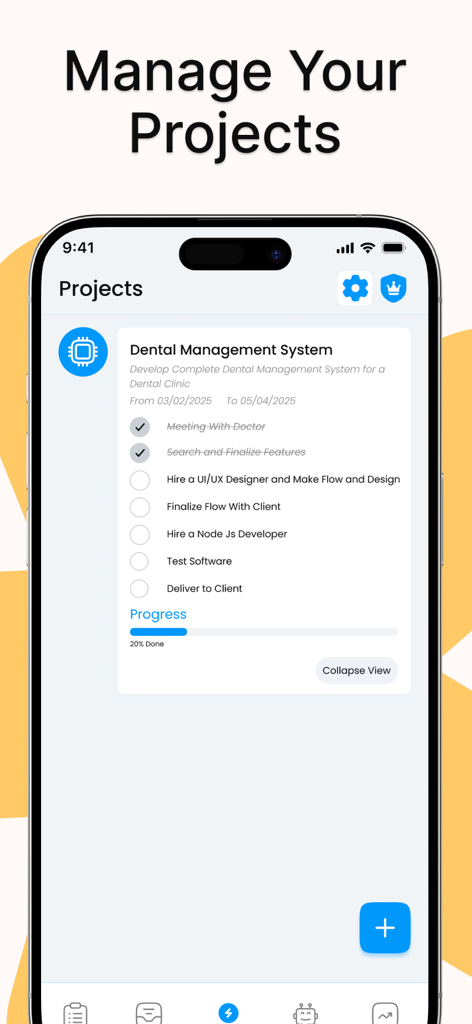 Daily Routine Planner Schedule - Interfaz de la aplicación Daily Routine Planner mostrando una pantalla de gestión de proyectos con una lista de verificación y una barra de progreso