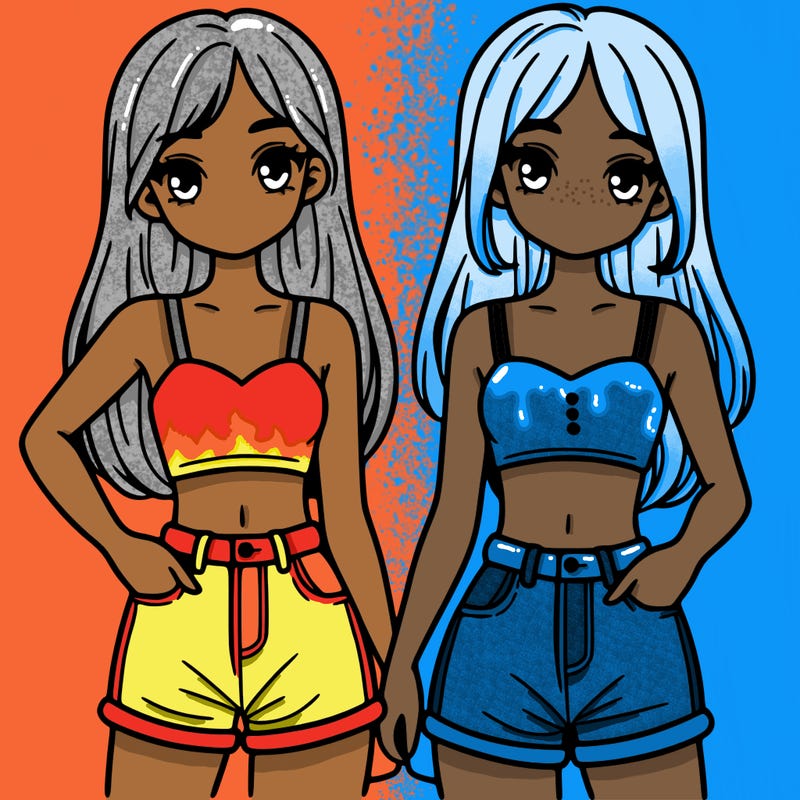 two sisters with crop tops and jean shorts and straight hair