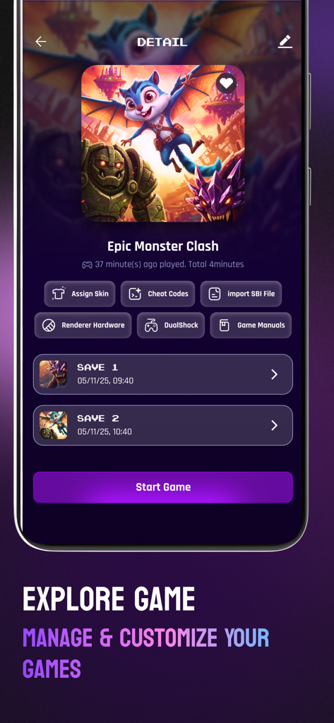 Interface of the Gamuroid app showing game details, save states, and customization options for a mobile emulator.