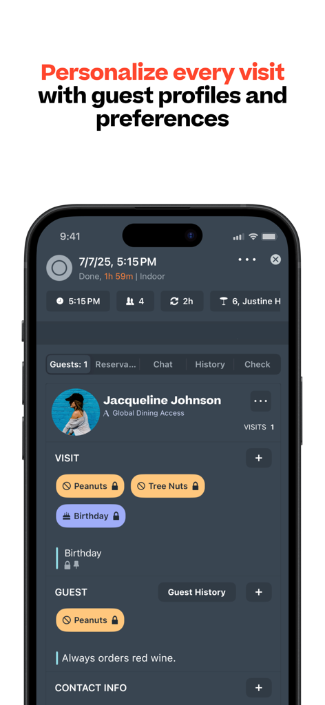 ResyOS mobile Benutzeroberfläche, die ein detailliertes Gästeprofil mit Allergiewarnungen und Essensvorlieben anzeigt