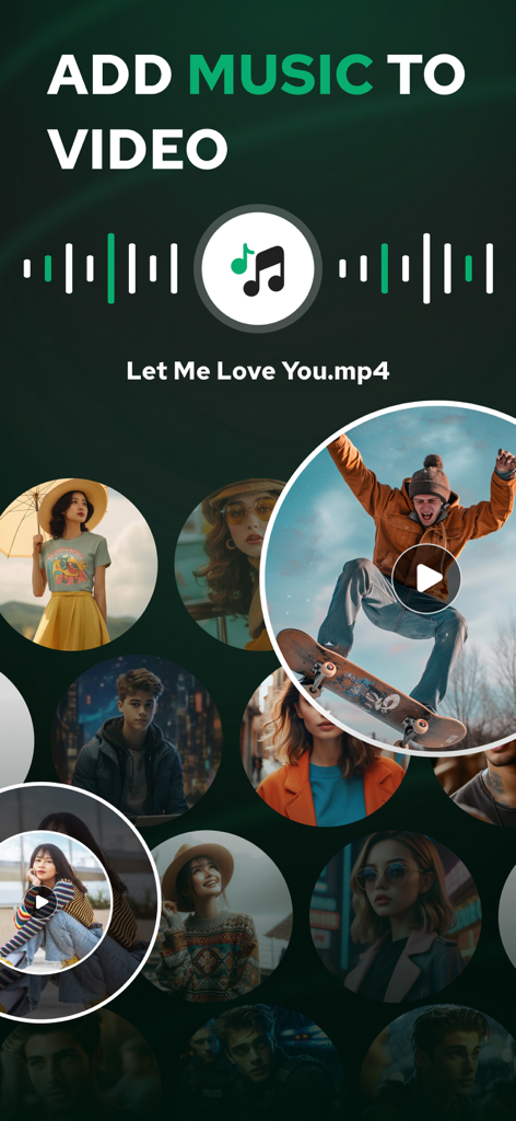 AI Reverse Video Editor - RevV - Interface for adding music to videos in the AI Reverse Video Editor app showing a song selector and video thumbnails.