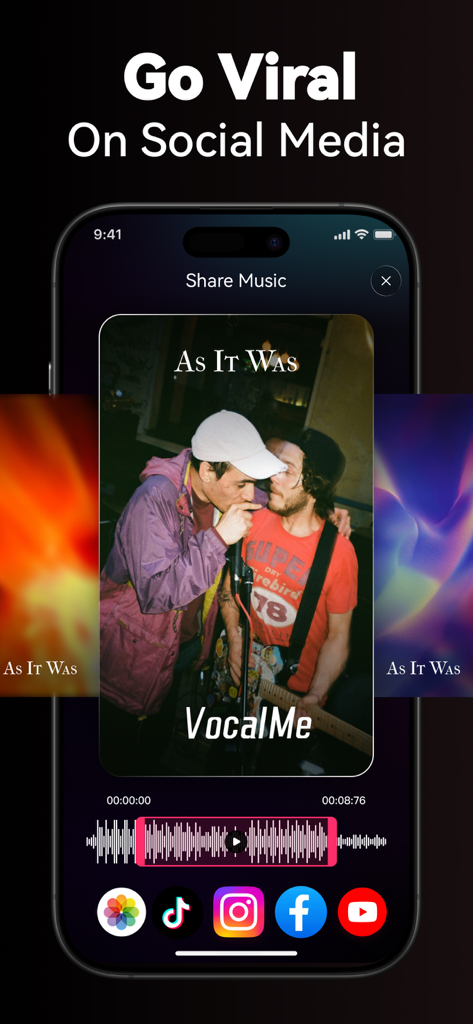 VocalMe Music: AI Cover Songs - Una interfaz móvil que muestra opciones para compartir en redes sociales una portada de música generada con IA con iconos para TikTok, Instagram y YouTube.