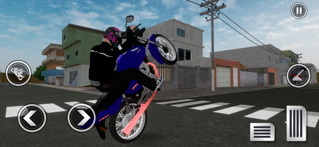 Moto Elite Bike Auto Brasil 3D - Un piloto de motocicleta haciendo un caballito en una moto azul en un entorno urbano