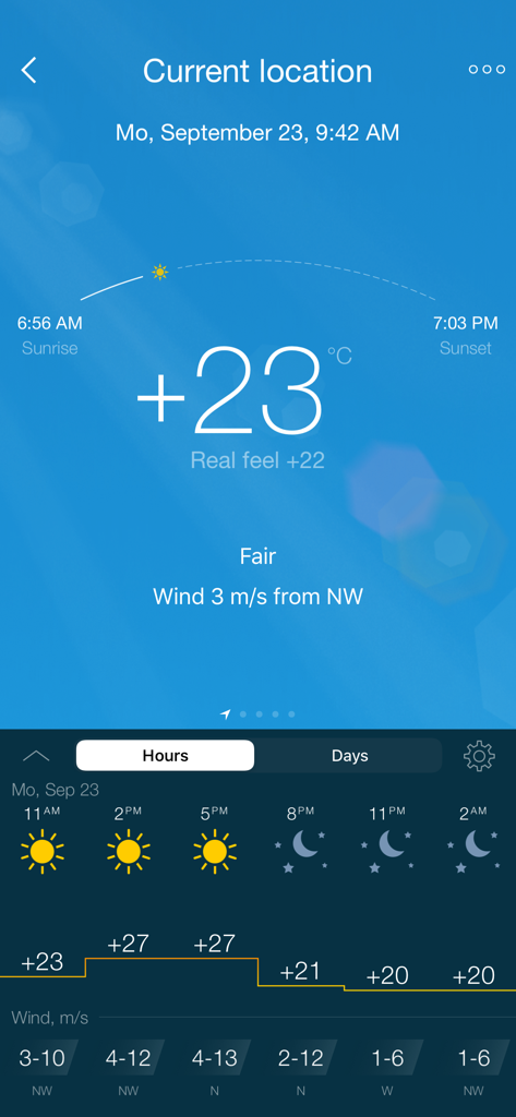 Gismeteo - Interfaz de la aplicación meteorológica Gismeteo mostrando la temperatura actual, salida y puesta del sol, y el pronóstico meteorológico por hora.