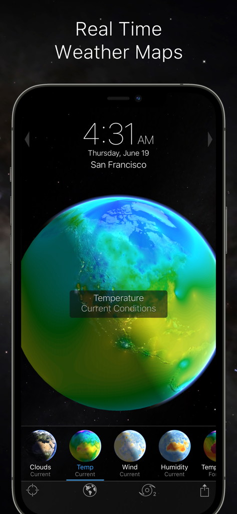 3D Earth globe with a real time temperature weather map visualization