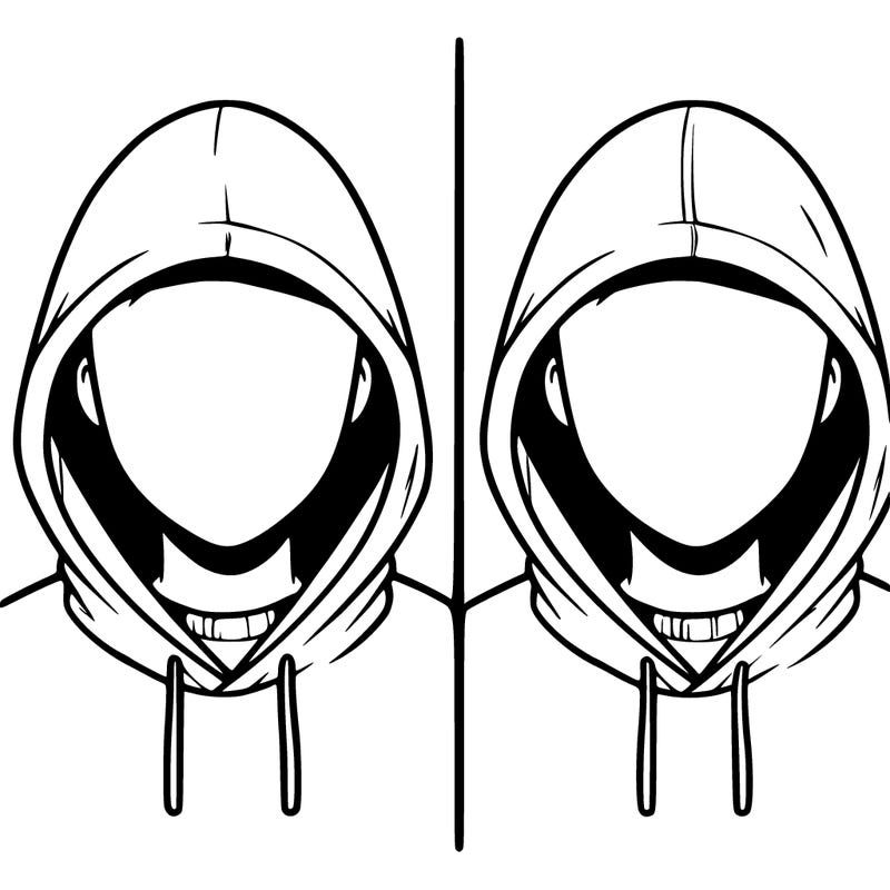 a person with a hoodie and no face, the drawing is split in 2