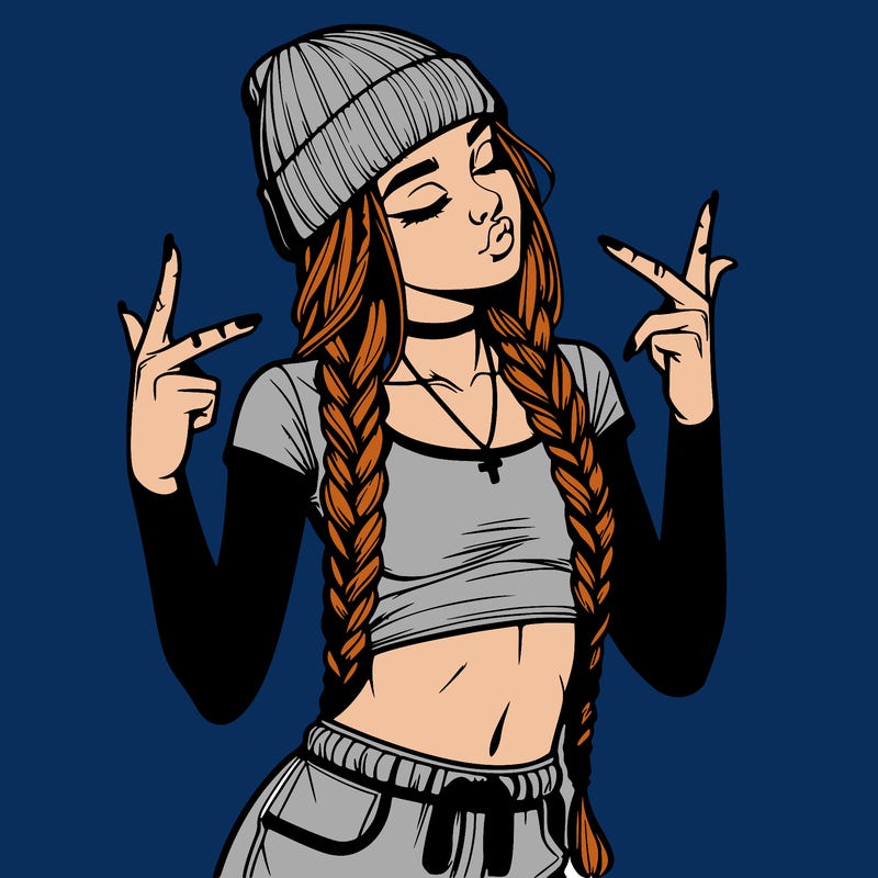 realistic teenage girl with braids and a beanie and crop top doing 🫶🏼
