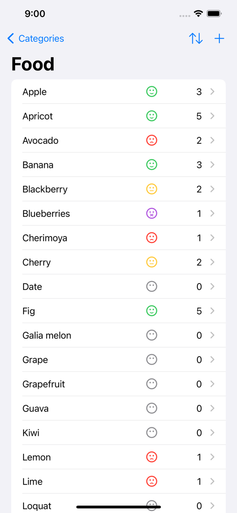 Baby Foods Tracker - A list of baby foods showing reaction emojis and introduction frequency counts