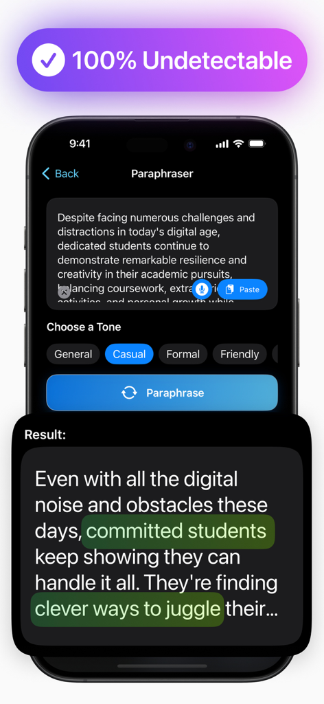 Humanize AI: Paraphrase Tools - Humanize AI app interface showing a casual tone paraphrase result that is 100 percent undetectable.