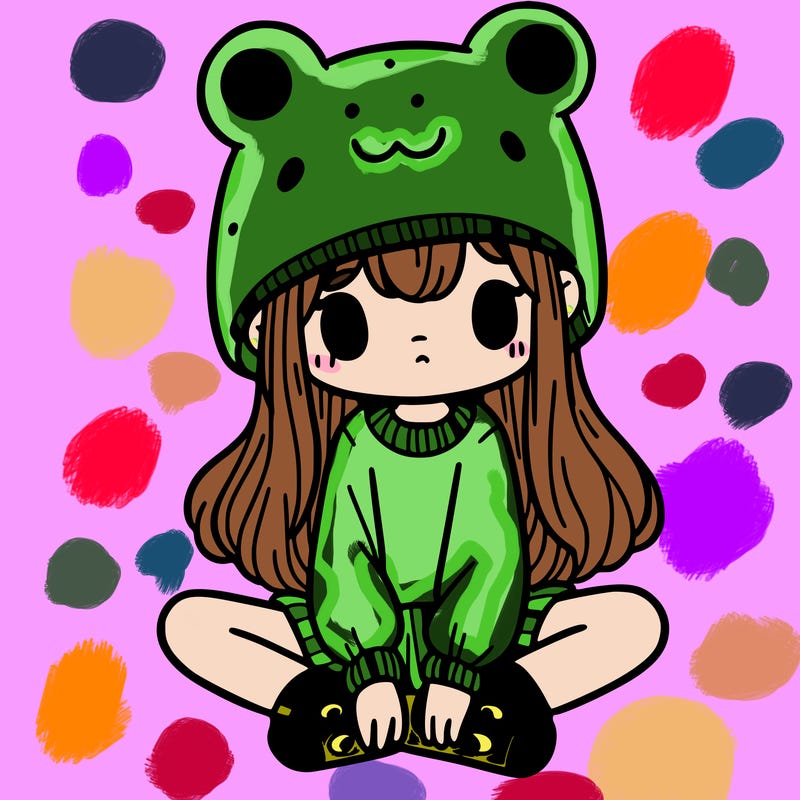 a girl wearing a frog hat and some frog socks