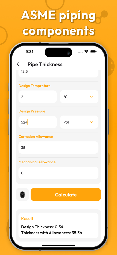 Pipe Data - Interface do aplicativo Pipe Data mostrando a calculadora de espessura de tubo com campos de entrada para temperatura e pressão de projeto com base nos padrões ASME
