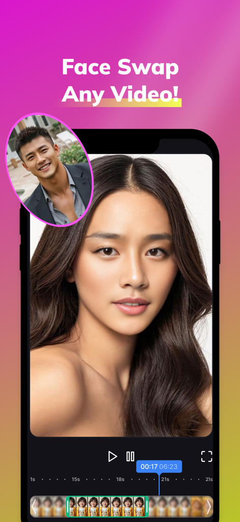 Swapzy AI app interface demonstrating face swap in video feature