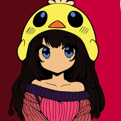 anime girl with chick shaped hat with sweater with bare shoulders with bangs covering them one eye with low tail