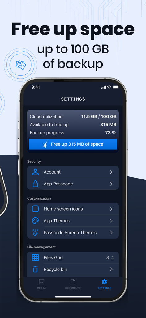 Photo Vault - SmartSafe - Interfaz de configuración de la aplicación SmartSafe mostrando la utilización de la copia de seguridad en la nube y las opciones de gestión de almacenamiento.