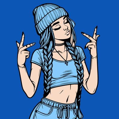 realistic teenage girl with braids and a beanie and crop top doing 🫶🏼