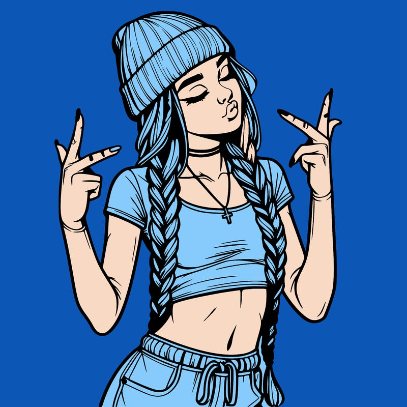 realistic teenage girl with braids and a beanie and crop top doing 🫶🏼