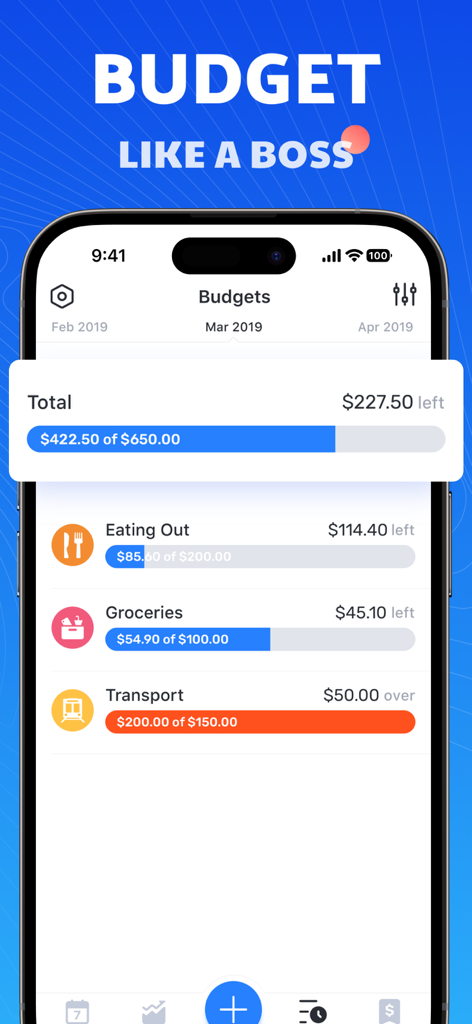 Pocket Expense 6 mobile app showing monthly budget tracking with visual progress bars for different spending categories