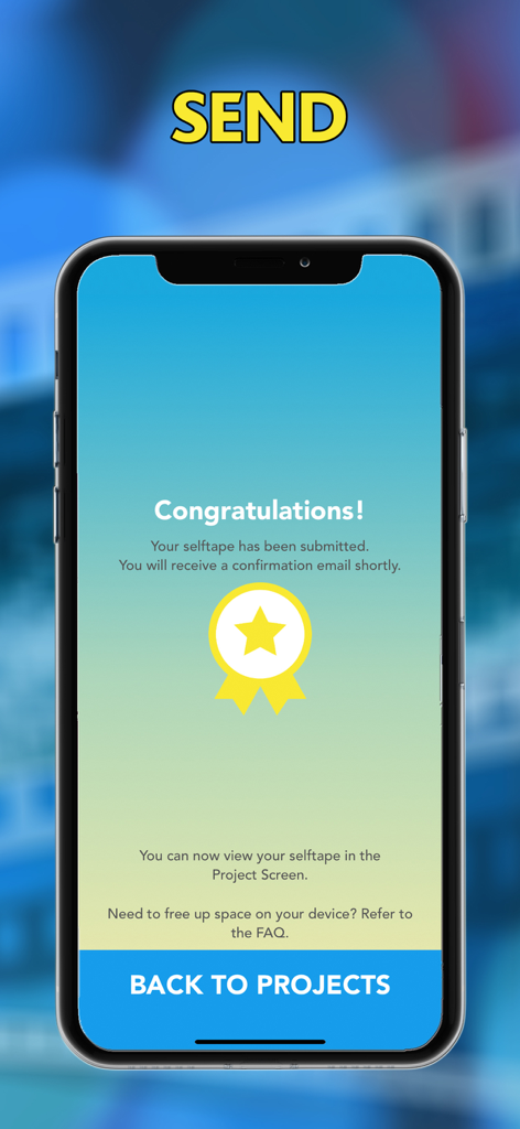 My Selftape App - A smartphone displaying a submission success screen with a congratulations message and a star badge in the My Selftape App.