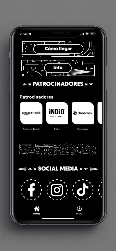 Vive Latino - Pantalla de la aplicación Vive Latino que muestra patrocinadores del festival como Amazon Music e Indio junto con enlaces a redes sociales.