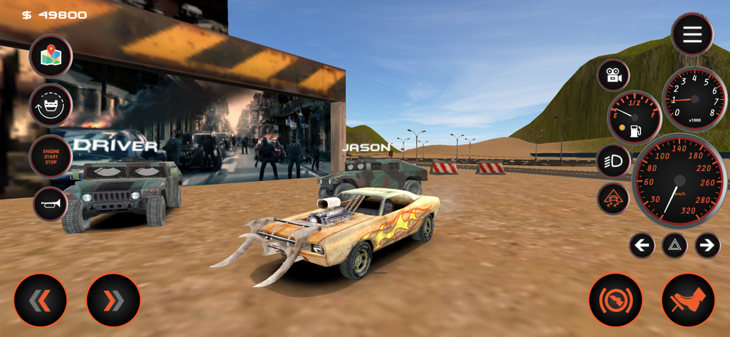 Gameplay of Carshift showing a customized muscle car and military vehicles in a desert environment