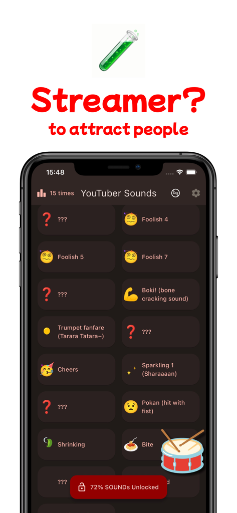 Soundboard interface of the YT Sounds app showing various sound effect buttons for creators