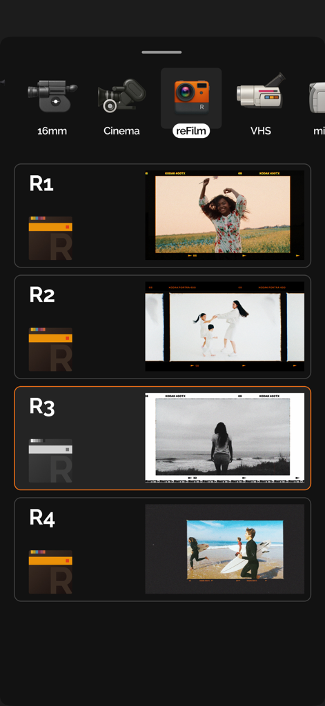 reFilm: Vintage Camera Filters - A screen showing various vintage film filters and camera styles like 16mm and VHS in the reFilm app.