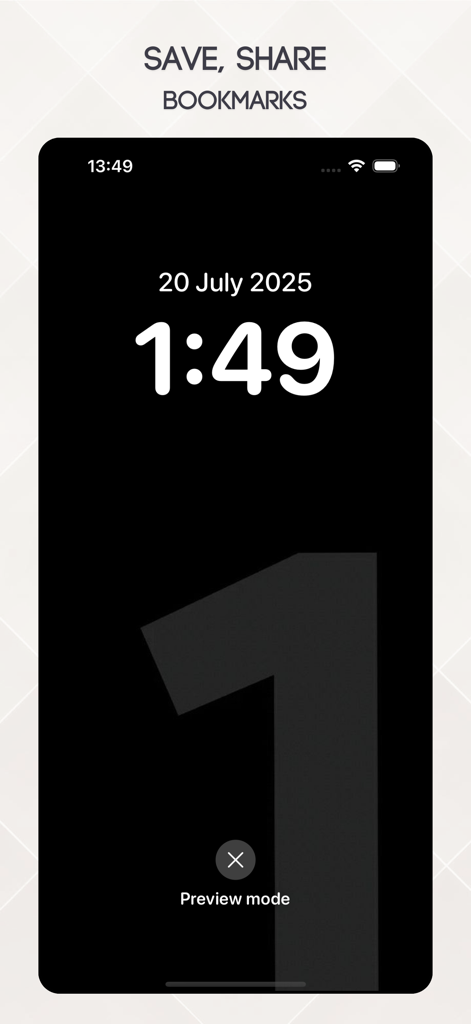 Minimal Lockscreen - One Wall - A preview of a minimalist iPhone lockscreen with a sleek black background and a large numeric graphic from the OneWall app.