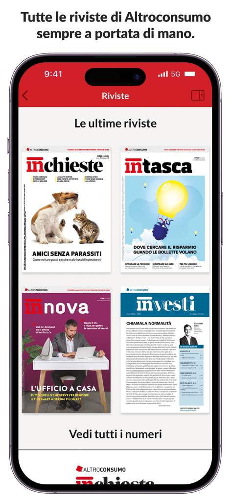 Altroconsumo - Schermo di un telefono cellulare che mostra diverse copertine di riviste Altroconsumo, tra cui Inchieste e In Tasca.