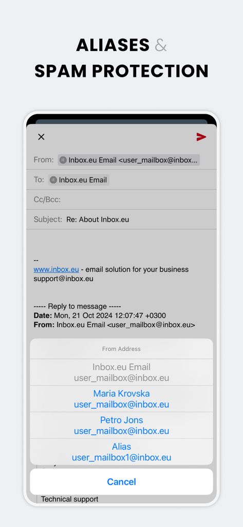 inbox.eu - Inbox.eu app screen showing email alias selection and spam protection