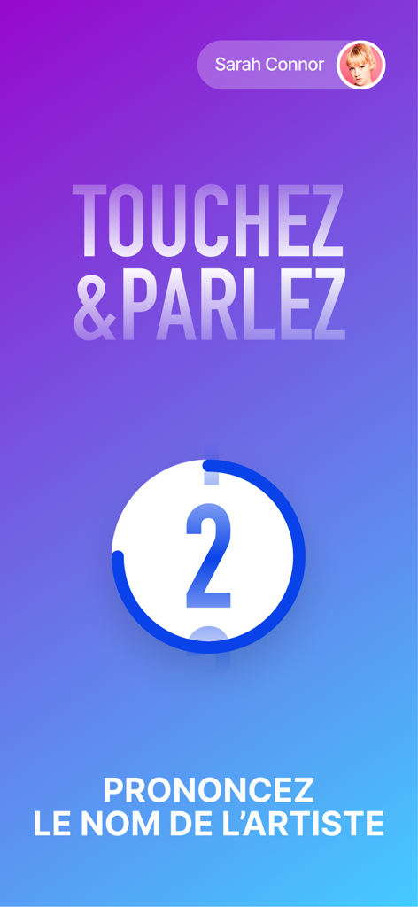 Interface of the ThisisBlindTest app showing the touch and speak voice recognition feature with a countdown timer.