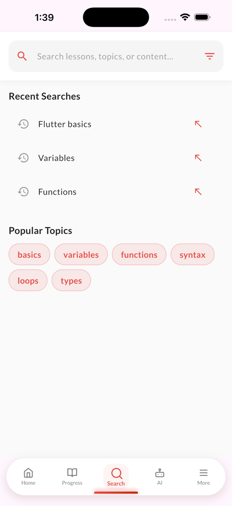 Learn Deep Learning with Ai - Écran de recherche de l'application Learn Deep Learning affichant les recherches récentes et les sujets populaires tels que les variables, les fonctions et la syntaxe