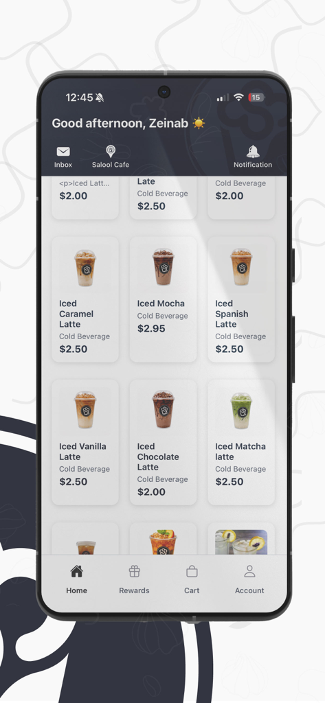 Salool Cafe - A smartphone displaying the Salool Cafe app menu with various iced coffee options and prices