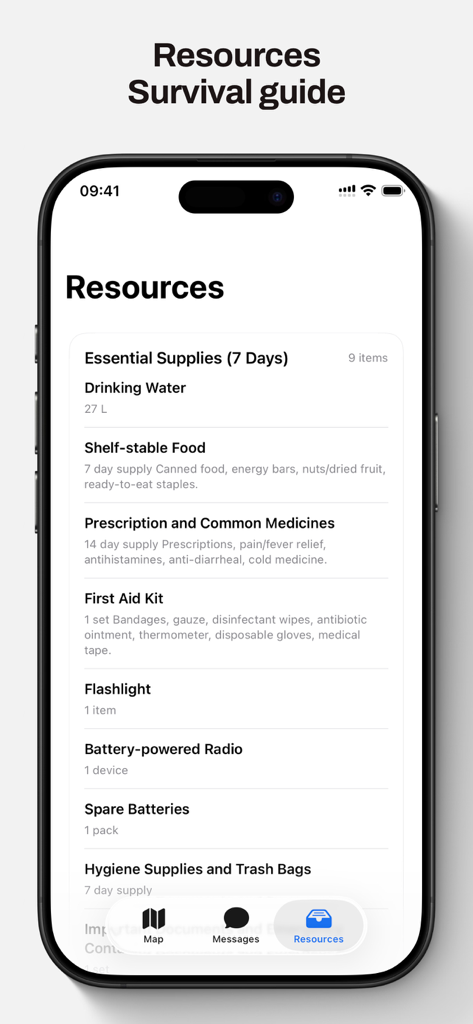 The Doomsday - The Doomsday mobile app interface showing a 7 day essential supplies list for emergency preparedness including water food and medicine