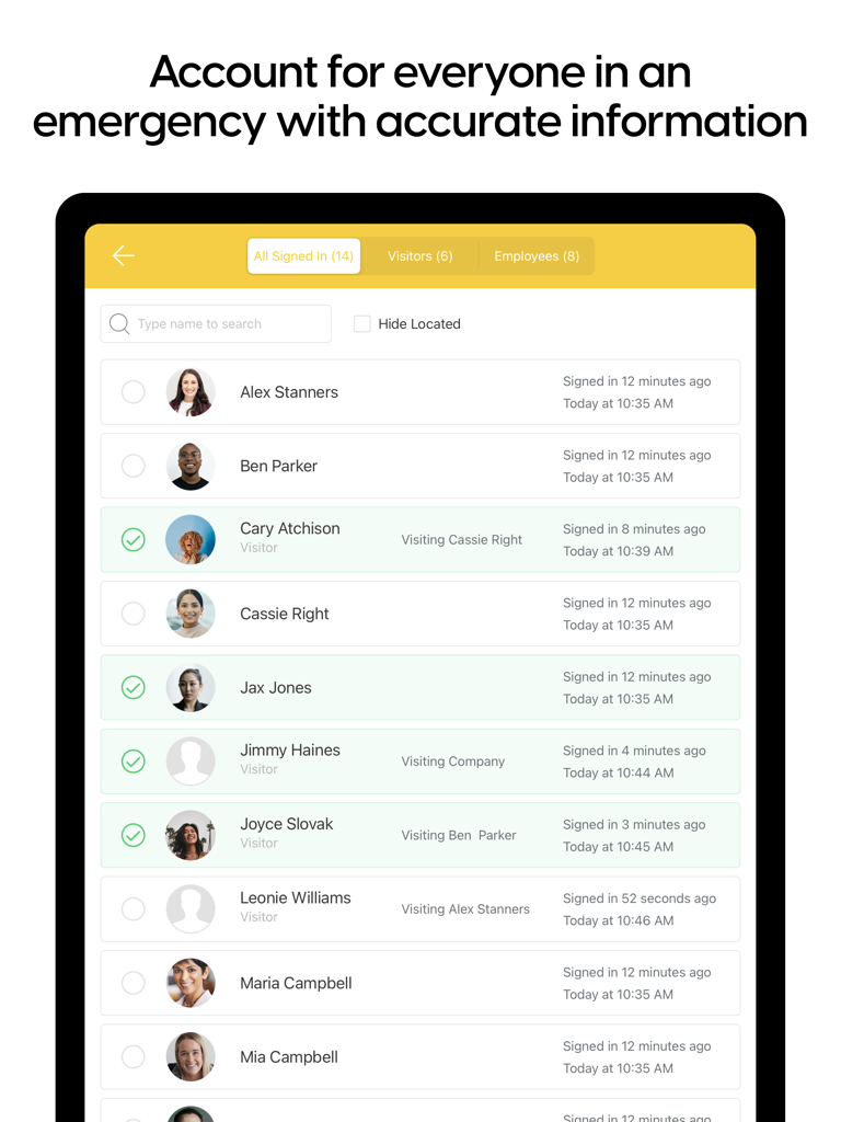 Emergency roll call dashboard showing signed in visitors and employees