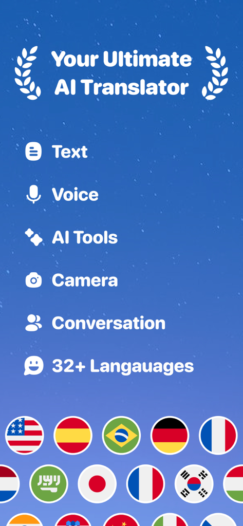 Pantalla principal de la aplicación Traductor IA Definitivo mostrando sus funciones principales como traducción de texto, voz y cámara junto con banderas internacionales