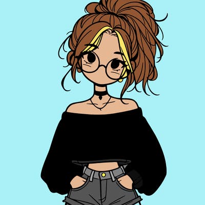 girl with a messy ponytail glasses a baggy crop top and jean shorts