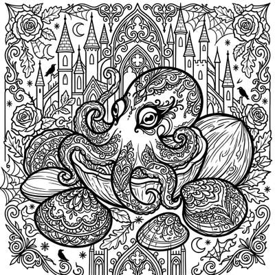 Unleash your creativity with this exquisite Gothic Coconut Octopus coloring page. Immerse yourself in a world where marine life meets mysterious Victorian architecture and intricate patterns.
