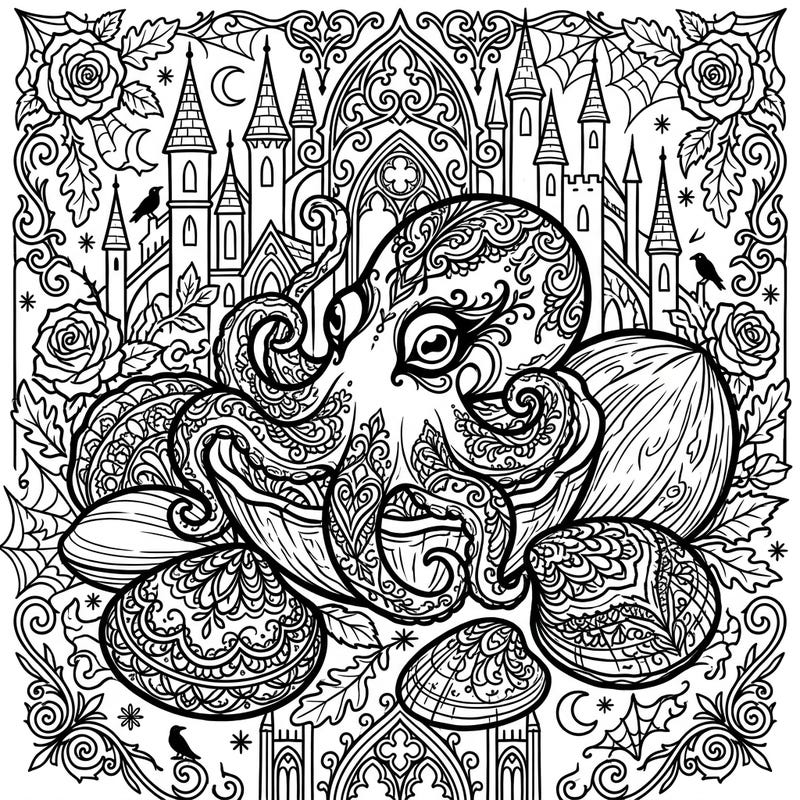 Unleash your creativity with this exquisite Gothic Coconut Octopus coloring page. Immerse yourself in a world where marine life meets mysterious Victorian architecture and intricate patterns.