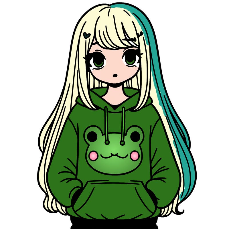a girl wearing a frog sweatshirt and she has long hair