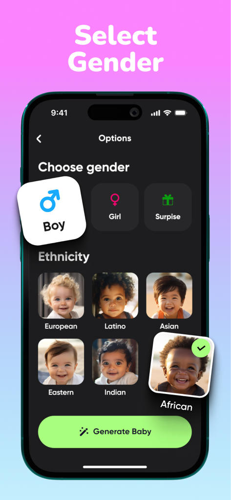 Interface of the Future Baby Face AI Generator app showing options to select gender and ethnicity for the AI generated baby face