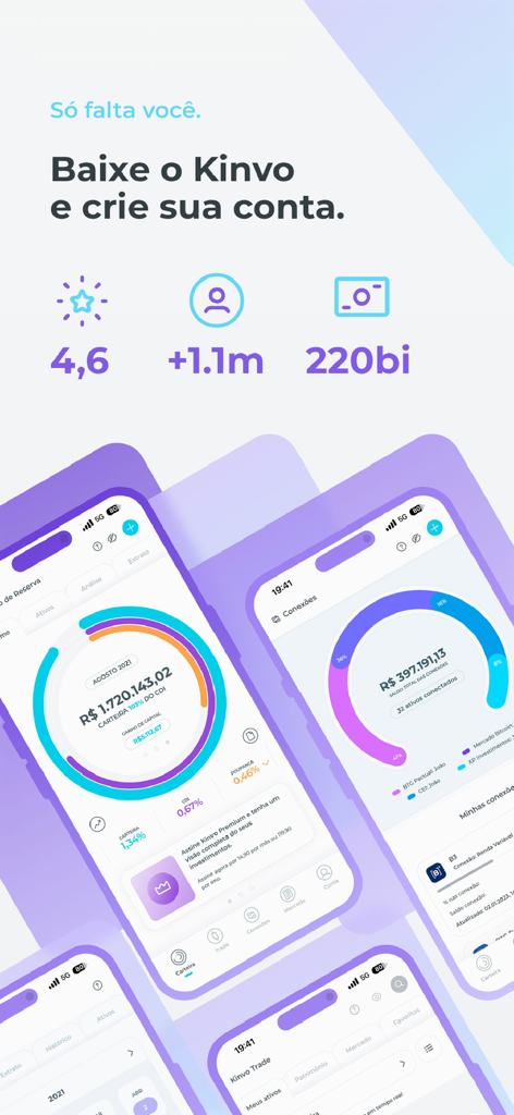 Kinvo: otimize investimentos - A display of Kinvo mobile app screens showing investment portfolio tracking total assets and financial performance charts