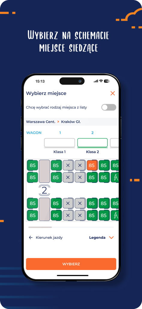 A screenshot of the PKP Intercity app showing a train seat selection map for a trip from Warsaw to Krakow