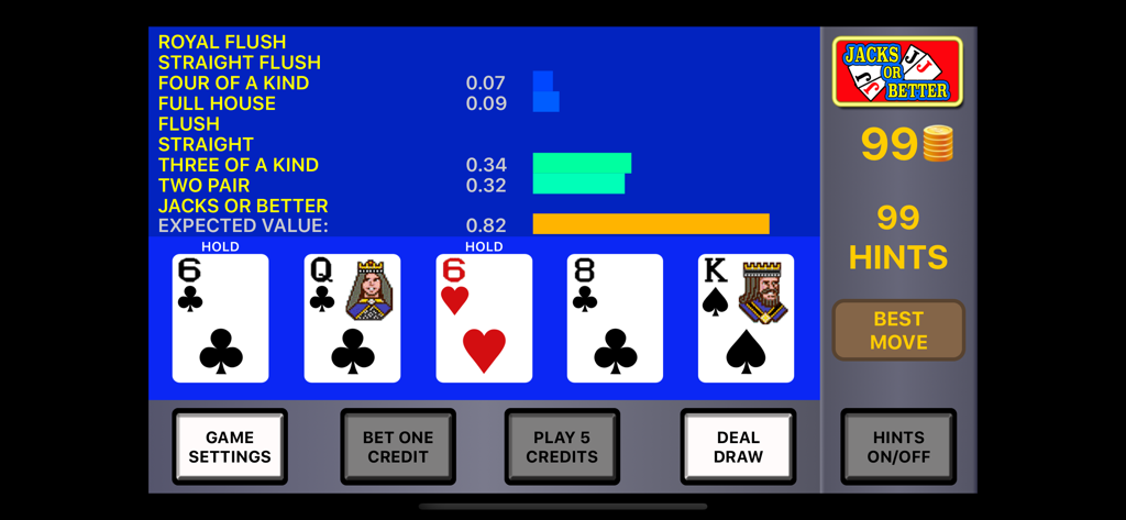 Video Poker Strategie App-Oberfläche, die Jacks or Better Gameplay mit optimalen Haltevorschlägen und erwarteten Wertstatistiken zeigt