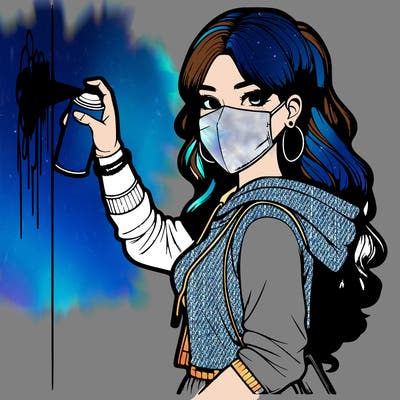 realistic girl with mask spray painting a wall