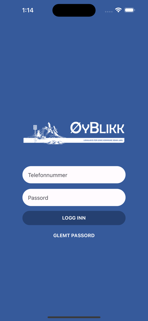 ØyBlikk - Login screen for the OyBlikk local newspaper app featuring fields for phone number and password on a blue background