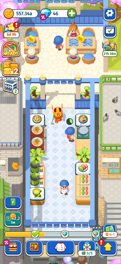 Foodventure Inc: Idle Tycoon - Vista dall'alto di una caotica cucina di un ristorante in Foodventure Inc che mostra chef che cucinano e clienti che mangiano ai tavoli
