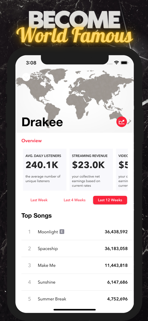 Interface do jogo mobile mostrando estatísticas de carreira do artista, ouvintes diários e ranking de músicas principais no Music Star Life Simulator